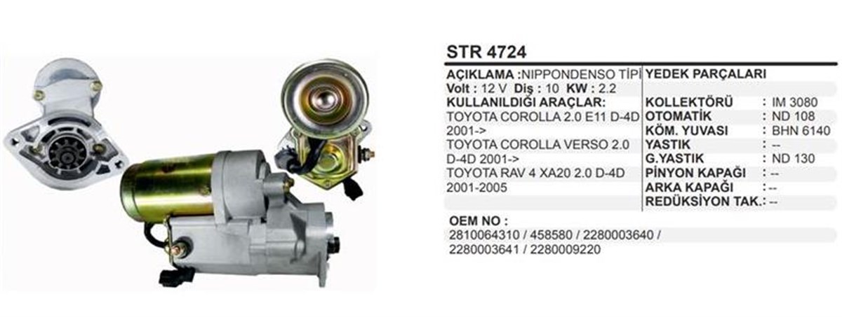 Marş Motoru 12v 10diş 2.2kw Toyota Corolla D4d E11 Verso Rav4 | Remark Str4724