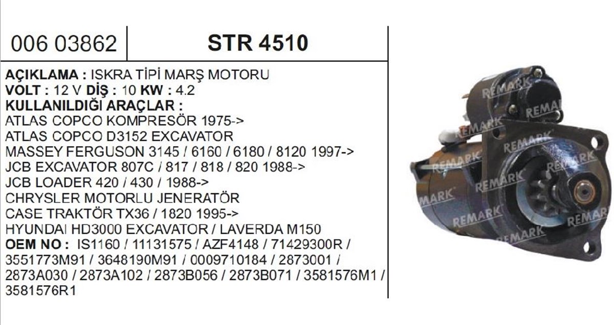 Marş Motoru 12v 10diş 4.2 Kw Iskra Tıp Atlas Jcb Massey Ferguson Perkıns Is1160 | Ith Str4510