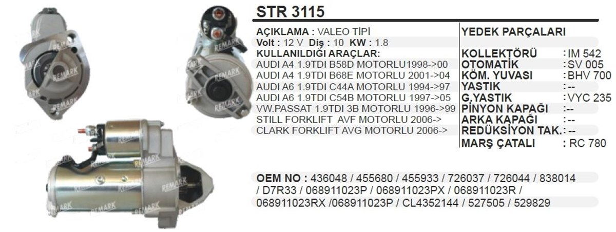 Marş Motoru 12v 10diş Audi Vw A6/passat 1.9 Tdı D7r Str3115 Wutse-17977n | Ith Str3115