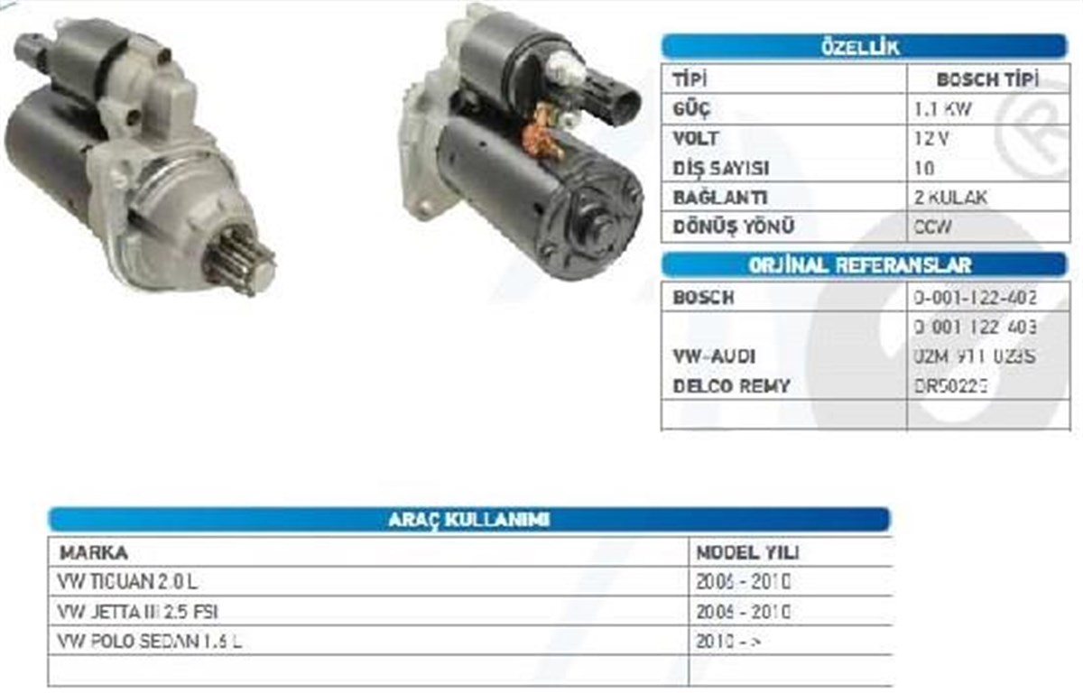 Marş Motoru 12v 10diş Bosch Tip Ters Vw Polo Golf5 Audi Seat Alteo Leon | Wutse Str17969