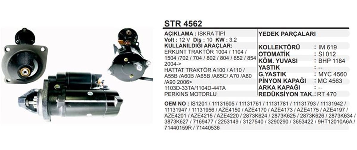 Marş Motoru 12v 10diş Erkunt Jcb Hidromek Beko Loader 3,2kw Hattat Sağ Mf Hatat Perkins Erkunt 60 Jcb Johndeere Copco Perkins | Martek Str4562