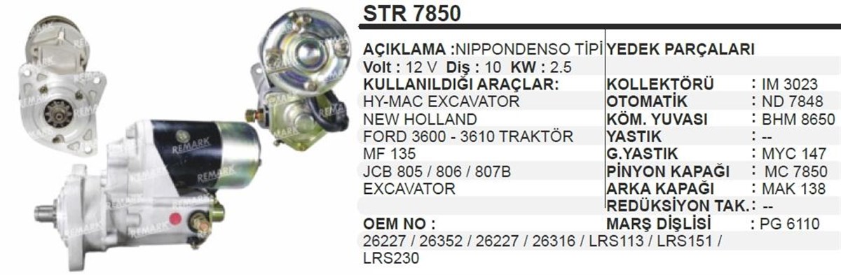 Marş Motoru 12v 10diş Excavatör Newholland Hy Mac Excavatör New Holland Ford 3600 3000 3610 Mf 135 Mf135 Jcb 805 2.5kw Str7850 | Aes Str7850