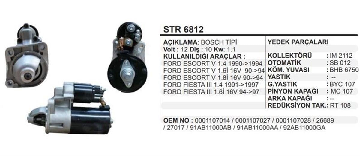 Marş Motoru 12v 10diş Ford Escort 1,6 16v Fiesta 1,4 93> Str6812 92ab11000aa 001112033 | Remark Str6812