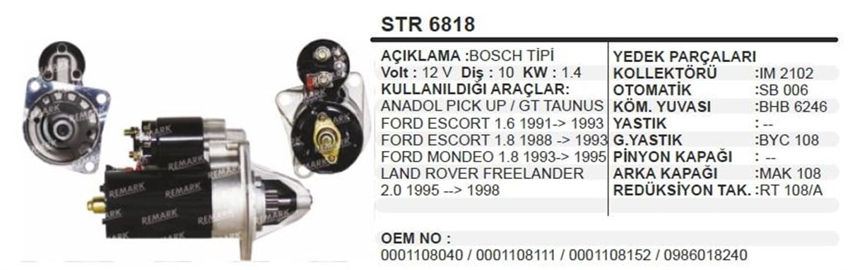 Marş Motoru 12v 10diş Ford Taunus P100 Escort Mondeo Anadol Anadol Land Rover Rower Freelander 2.0 | Dodo Str6818