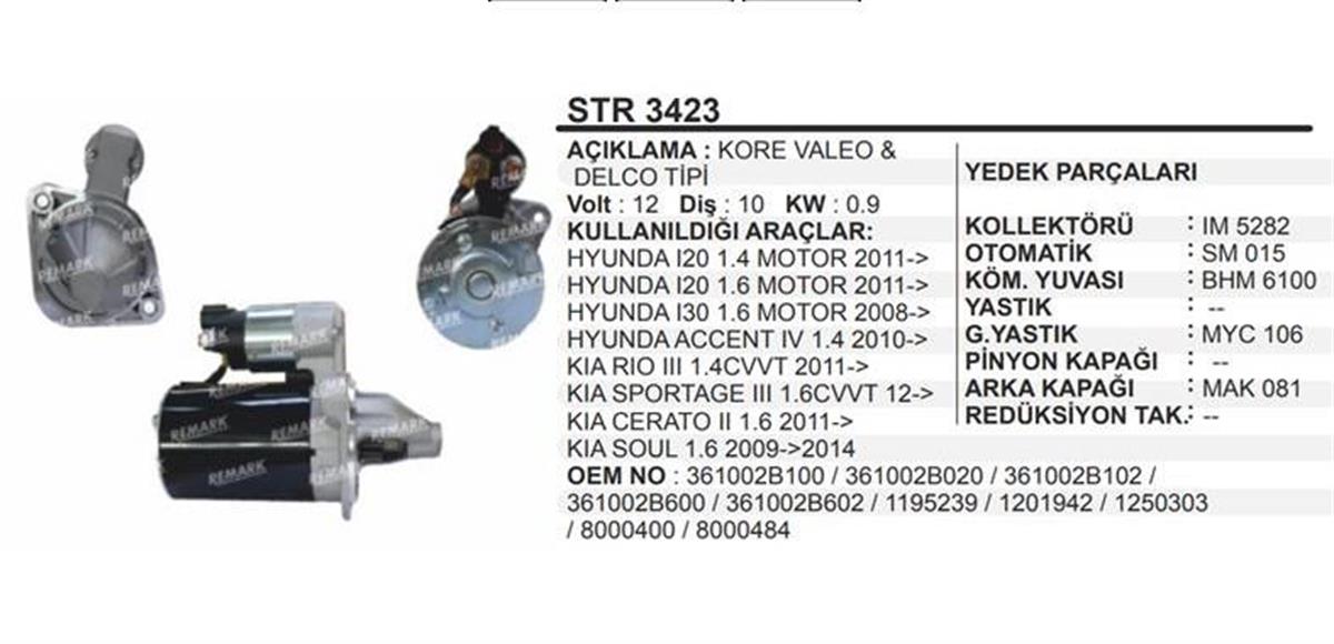 Marş Motoru 12v 10diş Hyundaı İ20 İ30 Sportage Kore | Martek Str3423