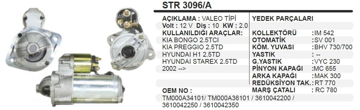 Marş Motoru 12v 10diş Hyundai Starex Kia D7r Uzun Burun | Ith Str3096a