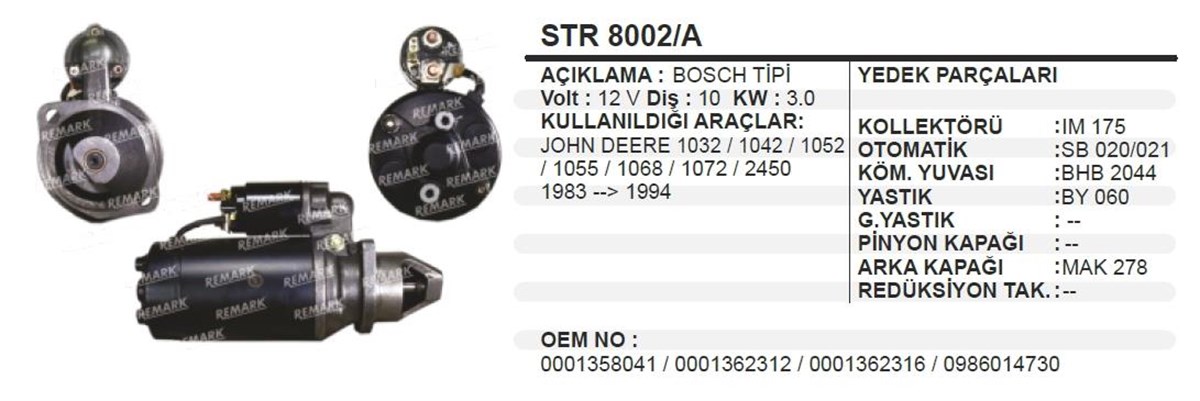 Marş Motoru 12v 10diş Johndeere Bosch Tip Str8002 Str4556 Str7841 Str4655 | Wınwın Str8002