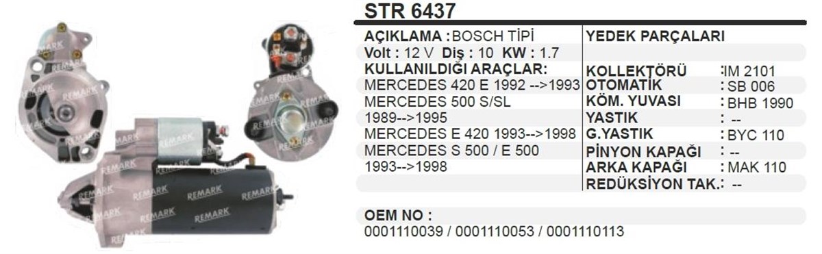 Marş Motoru 12v 10diş Mercedes Benz 280-420 S500 Bosch Tip | Remark Str6437