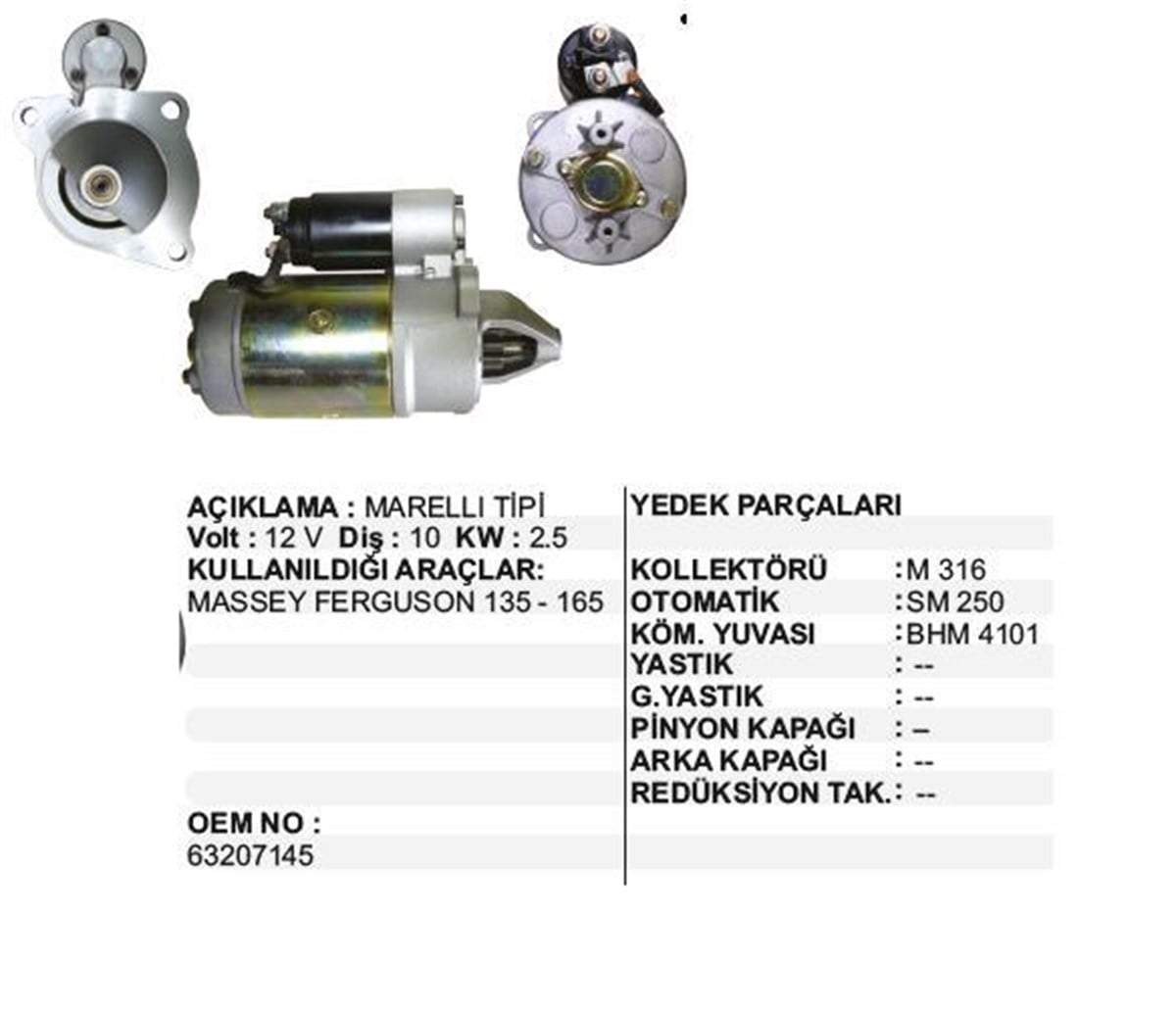 Marş Motoru 12v 10diş Massey Ferguson Mf135 Mf165 Mf240 Mf148 Traktör 63207145 Str7500 63207145 27432 Str4656 Str7145 | Mako 63207145