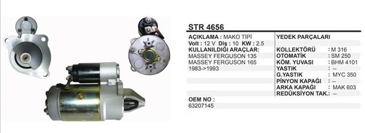 Marş Motoru 12v 10diş Mf 135 Ym Traktör Sag Agız 63207145 27432 Str4656 Str7145 | Aes Str4656