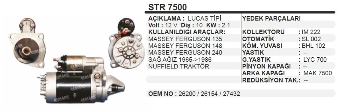 Marş Motoru 12v 10diş Mf135-mf240 Mf148 Mf 135 148 165 240 Sağ Ağız Nuffıeld Traktör Mf İthalycn25750 | Ith Str7500