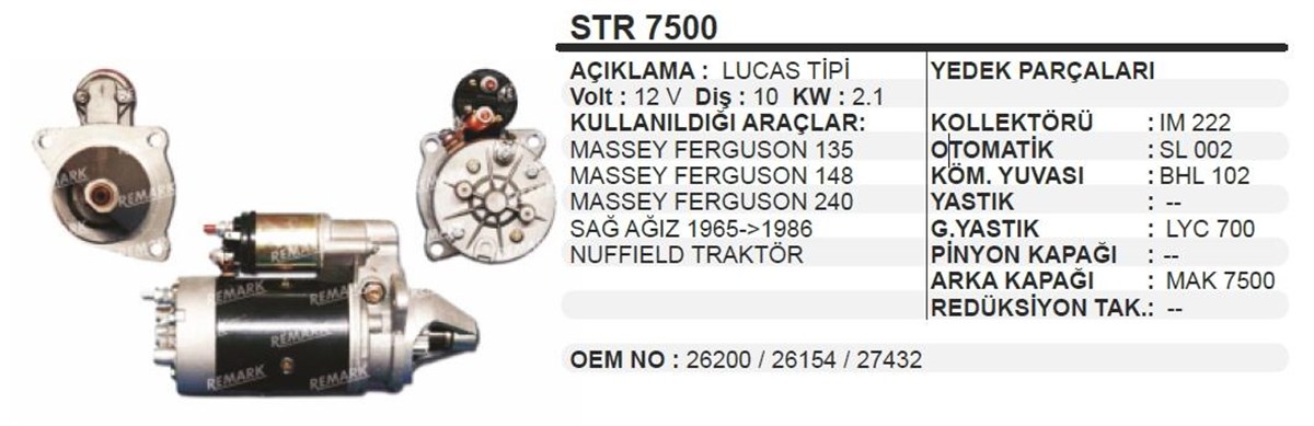 Marş Motoru 12v 10diş Mf135-mf240 Mf148 Mf 135 148 165 240 Sağ Ağız Nuffıeld Traktör Mf İthalycn25750 | Ith Str7500