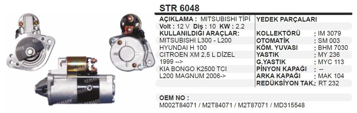 Marş Motoru 12v 10diş Mıts. L200 H100 Starex Ym Kısa Burun Dişli Geride | Ith Str6048