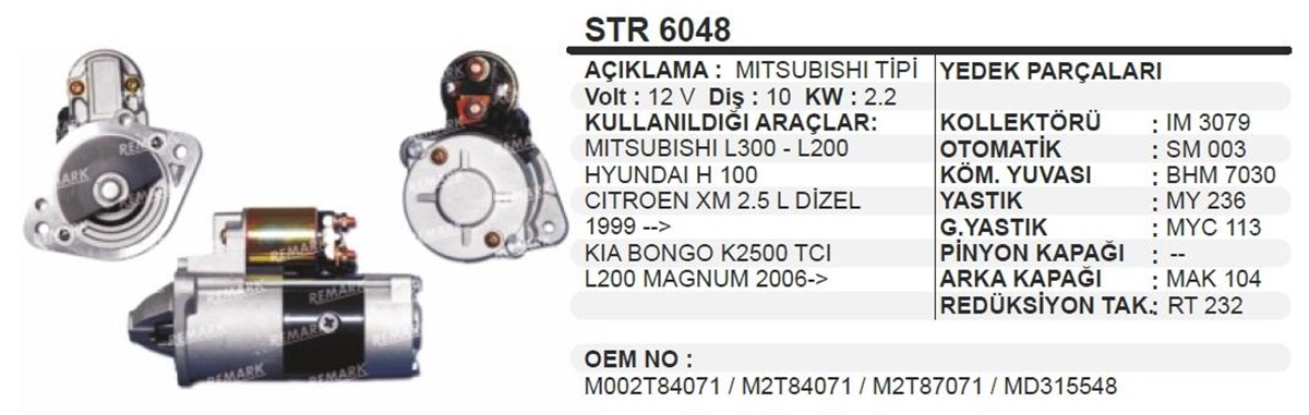 Marş Motoru 12v 10diş Mıts. L200 H100 Starex Ym Kısa Burun Dişli Geride | Ith Str6048