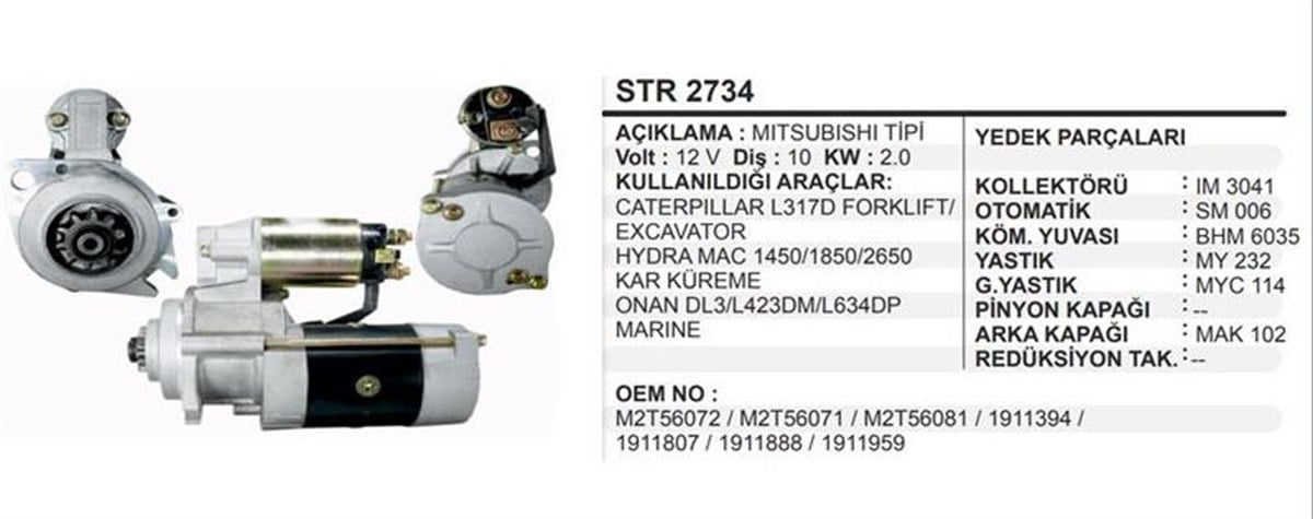Marş Motoru 12v 10diş Mıtsubıshı Forklift 2.0kw Marine Onan Jeneratör Kar Kürüme Forklift Excavatör Kar Kürüme Onan Marine | Ith Str2734