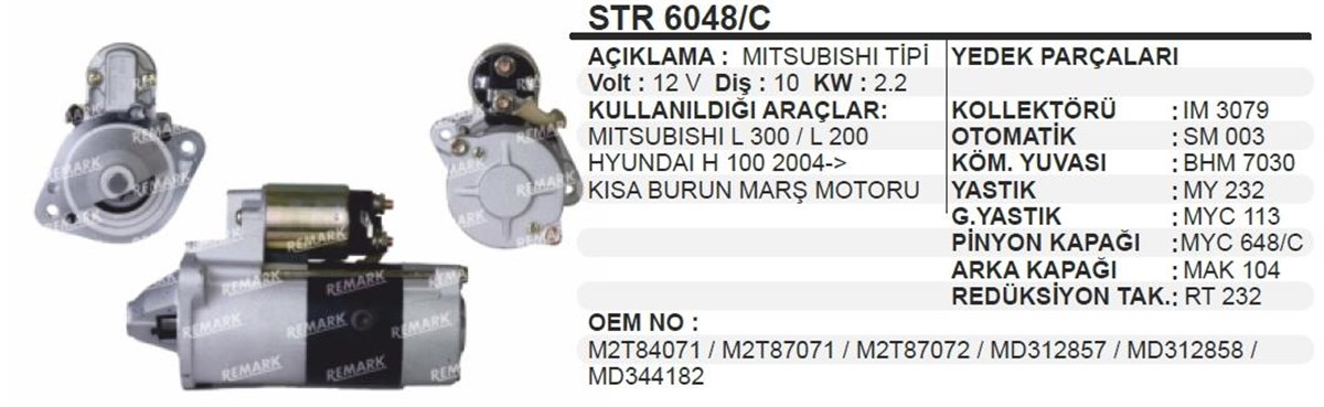Marş Motoru 12v 10diş Mıtsubıshı L200 Ym Starex 99 | Ith Str6048c