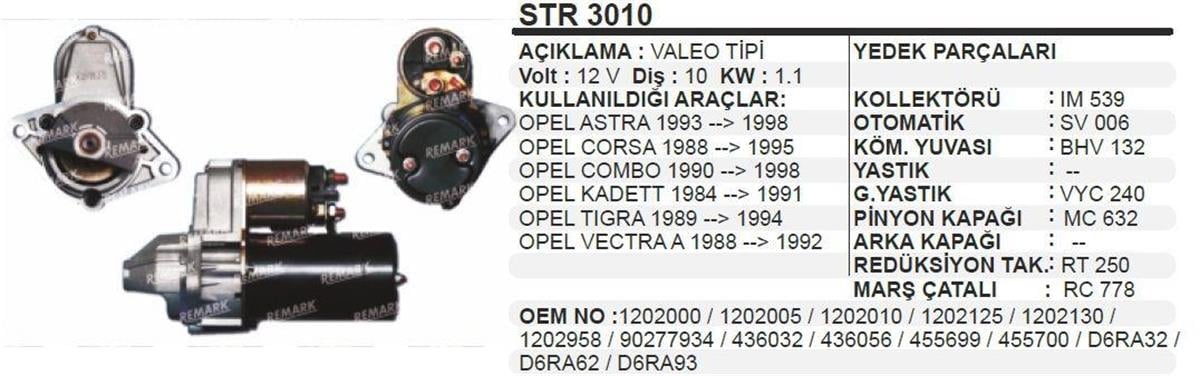 Marş Motoru 12v 10diş Opel Astra Valeo Tip Str3010 1986s00668 | Schenna Str3010