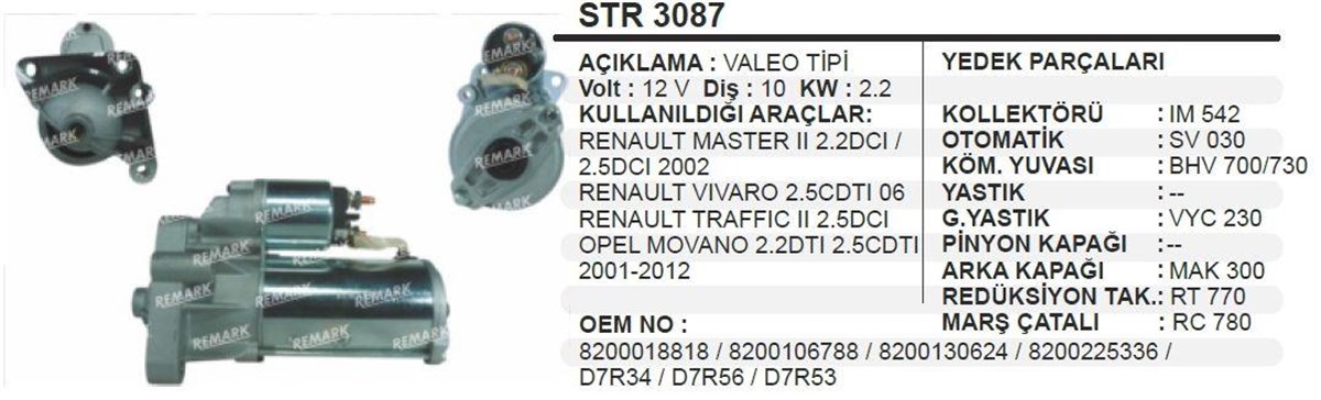 Marş Motoru 12v 10diş 2.2kw D7r Renault Master Movano Trafıc | Cargo 112475