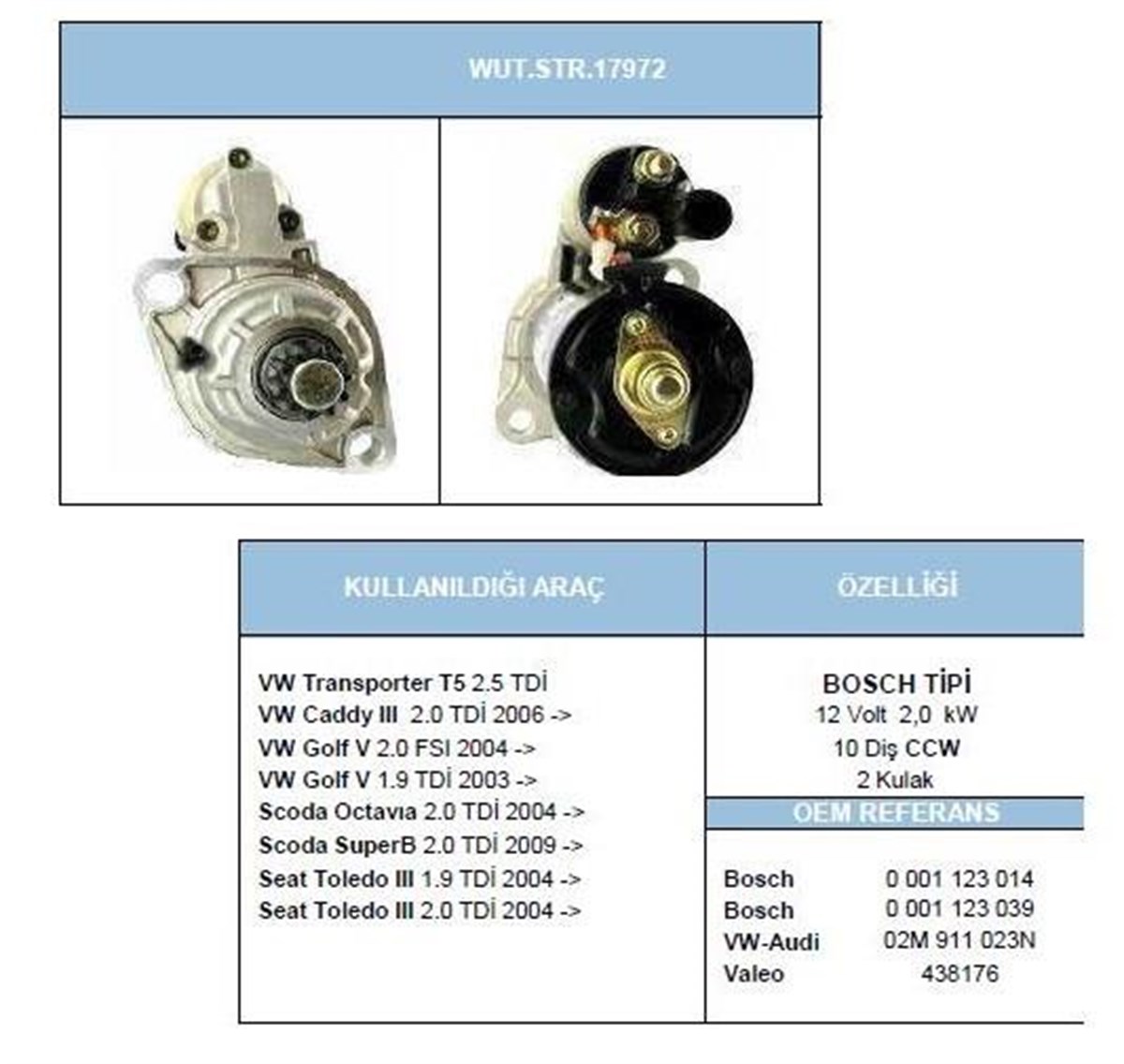 Marş Motoru 12v 10diş Vw Audi Jetta Ters Uzun Bogaz | Bosch 0001123038