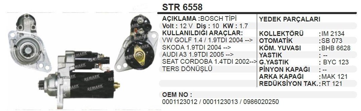 Marş Motoru 12v 10diş Vw Caddy Trans Ters Ym | Aes Str6558-oem