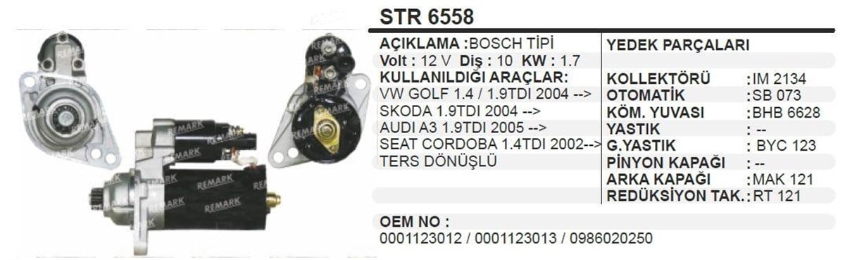 Marş Motoru 12v 10diş Vw Caddy Trans Ters Ym | Aes Str6558-oem