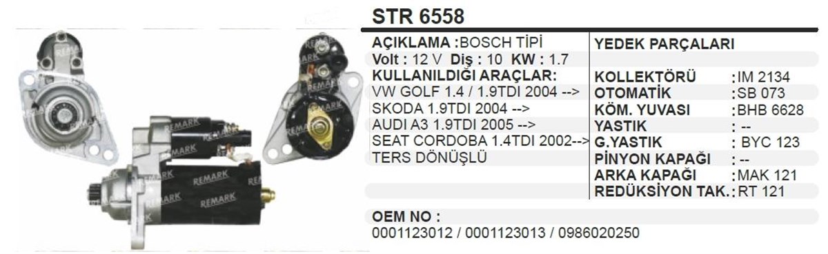 Marş Motoru 12v 10diş Vw Caddy Trans Ters Ym | Ith Str6558