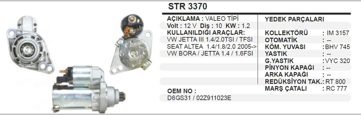 Marş Motoru 12v 10diş Vw Jetta Seat 06 Str3370 | Aes Str3370
