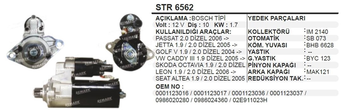 Marş Motoru 12v 10diş Vw Passat Golf Caddy Jetta Seat Leon | Aes Str6562