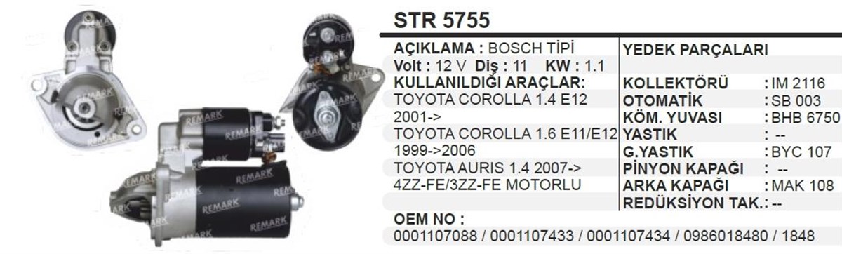 Marş Motoru 12v 11diş Toyota Corolla Avensis Auris | Schenna Str5755