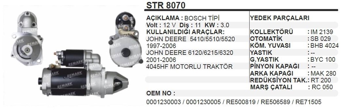 Marş Motoru 12v 11diş 3.0 Kw Bosch Tipi Johndeere 5410 5510 5520 6120 6215 6320 4045hf Str8070 Str18359n | Wınwın Str8070