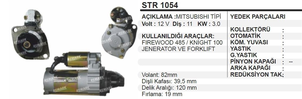 Marş Motoru 12v 11diş Çin Jeneratör Forklift Frewood Fırewood 485 Knıght 100 3.0kw 4 Silindir | Aes Str1054
