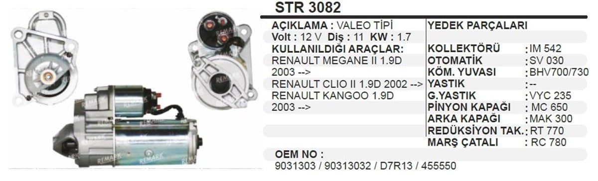 Marş Motoru 12v 11diş Clio Kango 1.9 Dizel Megan Dizel Renault Megane Iı 03 Clıo Iı 02 Kangoo 03 1,9 Dızel | Dodo Str3082