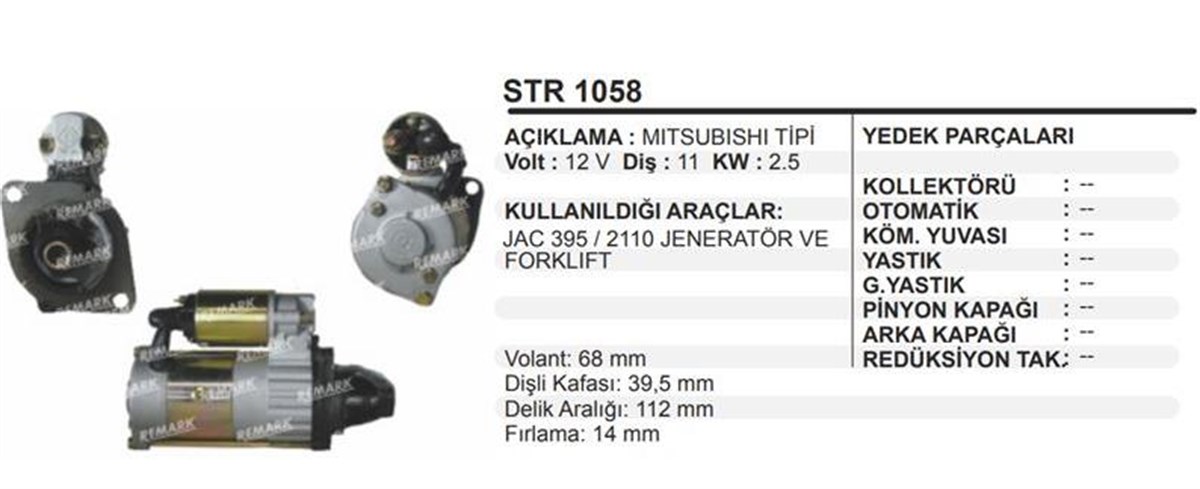 Marş Motoru 12v 11diş Jac 395 2110 Jeneratör Forklift 2,5 Kw | Remark Str1058