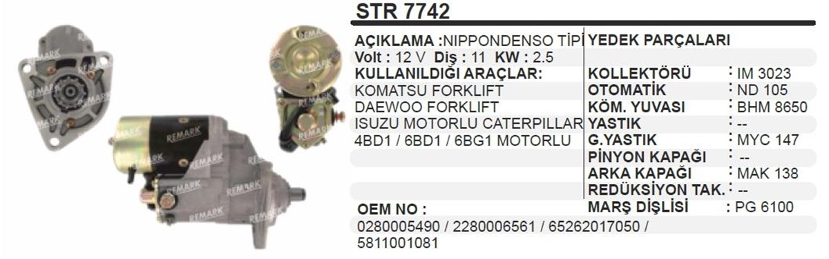 Marş Motoru 12v 11diş Komatsu Daewoo Cat Forklıft Isuzu Motorlu Caterpillar Str7742 | Wınwın Str7742
