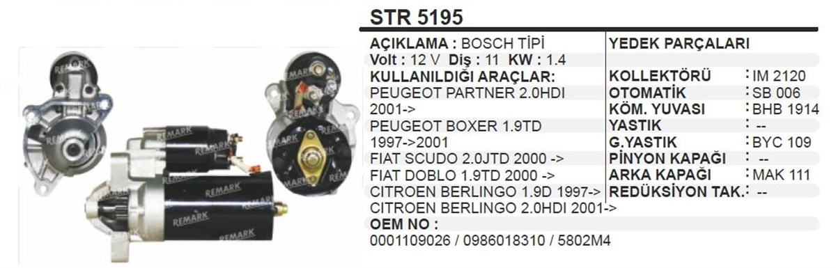 Marş Motoru 12v 11diş Peugeot Partner 2,0 Boxer Fıat Doblo 1.9 Cıtroen Berlingo | Aes Str5195