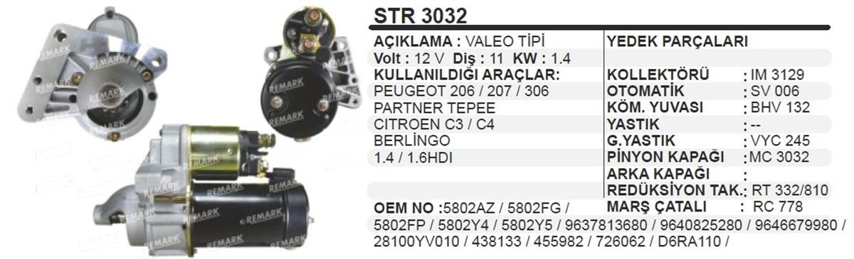 Marş Motoru 12v 11diş Pejo 206 306 Cıtr C3 4 5 Peugeot 206 207 307 Cıtroen C3 C4 Berlıngo | Remark Str3032