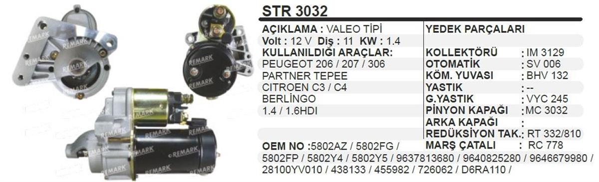Marş Motoru 12v 11diş Pejo 206 306 Cıtr C3 4 5 Peugeot 206 207 307 Cıtroen C3 C4 Berlıngo | Martek Str3032