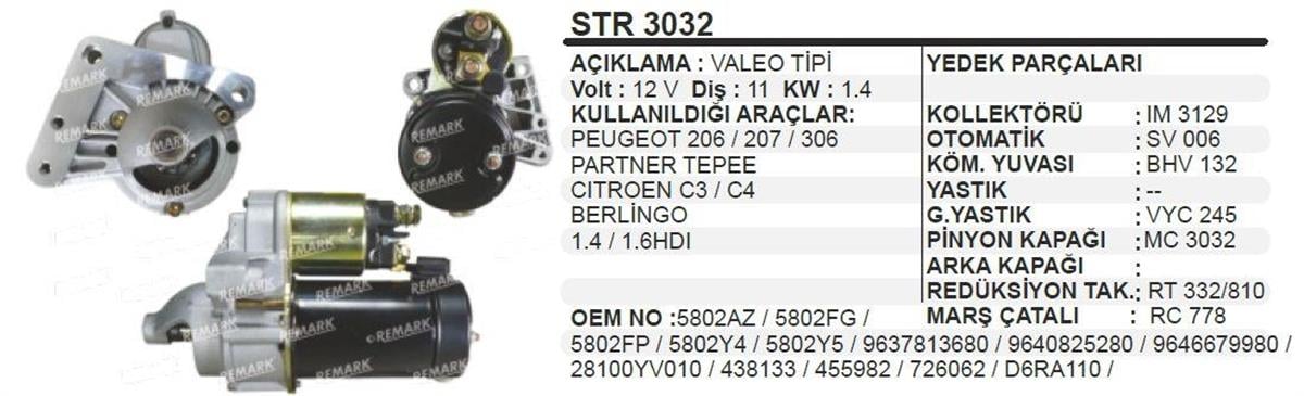 Marş Motoru 12v 11diş Pejo 206 306 Cıtr C3 4 5 Peugeot 206 207 307 Cıtroen C3 C4 Berlıngo | Martek Str3032