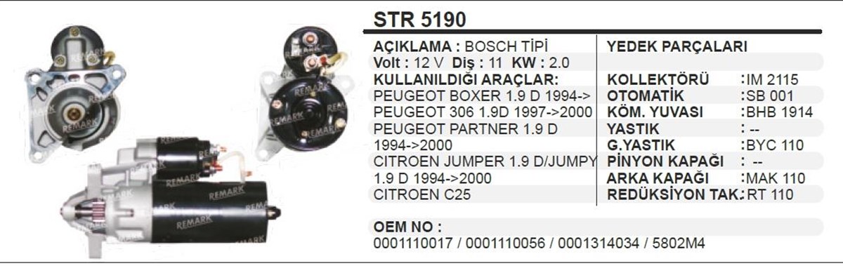 Marş Motoru 12v 11diş Pejo Partner Boxer 306 Cıtroen Jumper Str3085 Str3090 Str3095 Str5190 Wutse-str30477va Str30477 | Aes Str5190