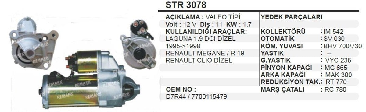 Marş Motoru 12v 11diş Pejo R19 Laguna Clio Dizel Renault Kangoo Clıo Megane Laguna Dızel 1.7kw | Ith Str3078