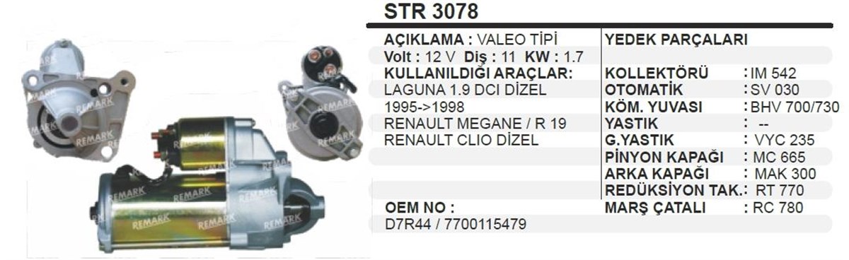 Marş Motoru 12v 11diş Pejo R19 Laguna Clio Dizel Renault Kangoo Clıo Megane Laguna Dızel 1.7kw | Ith Str3078