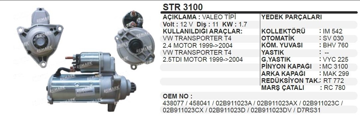 Marş Motoru 12v 11diş Vw Transporter 3kul Ters D7rs3 | Ith Str3100oem
