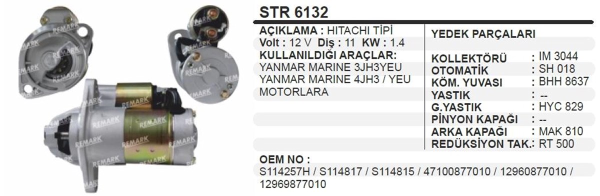 Marş Motoru 12v 11diş Yamaha Yanmar Marin Str6132 Str6132 Les0072 Str3309 | Ith Strumm3377