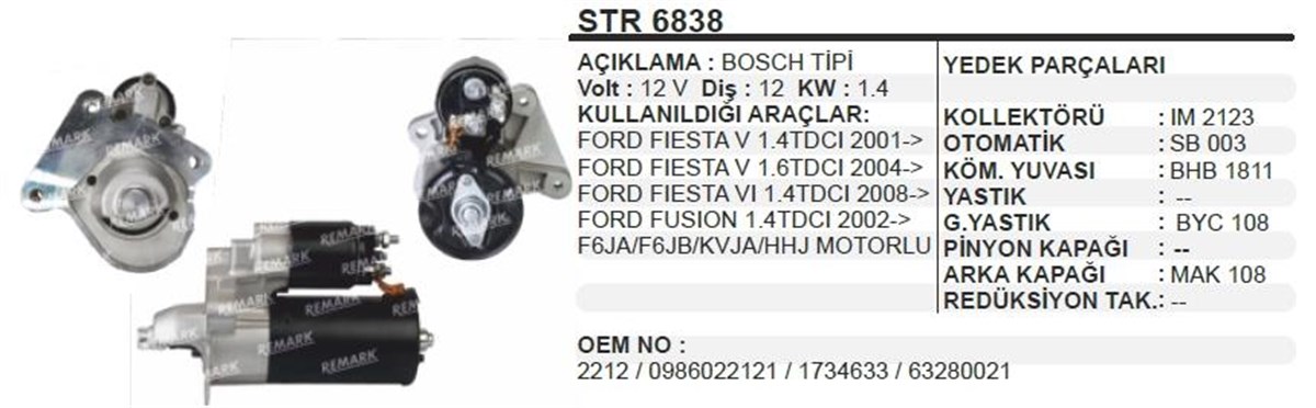 Marş Motoru 12v 12diş 10diş Ford Fiesta Fusion1,4 | Ith Str6838