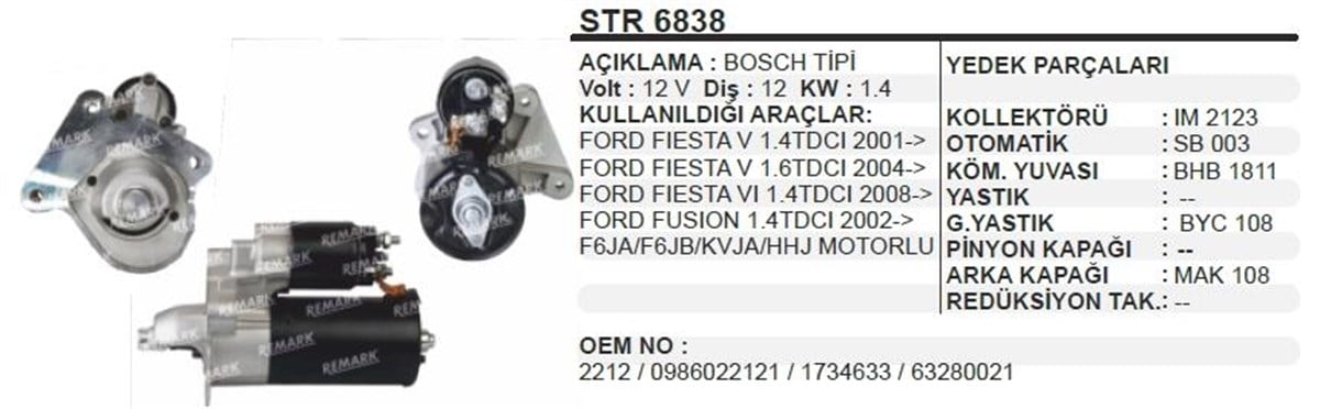 Marş Motoru 12v 12diş 10diş Ford Fiesta Fusion1,4 | Ith Str6838