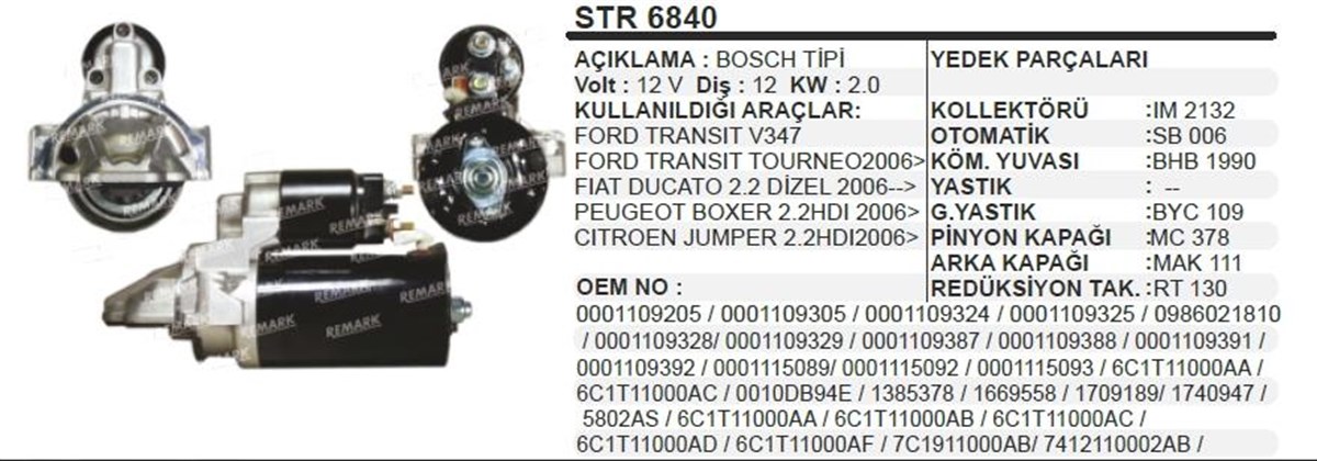 Marş Motoru 12v 12diş Ford Jumper Transit Ym Str6840 | Bypart Umm3285