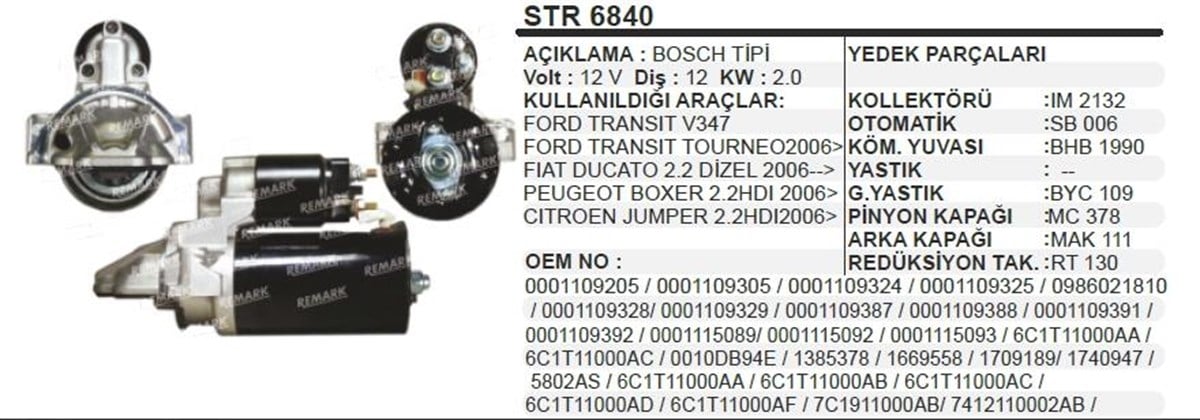 Marş Motoru 12v 12diş Ford Jumper Transit Ym Str6840 | Bypart Umm3285