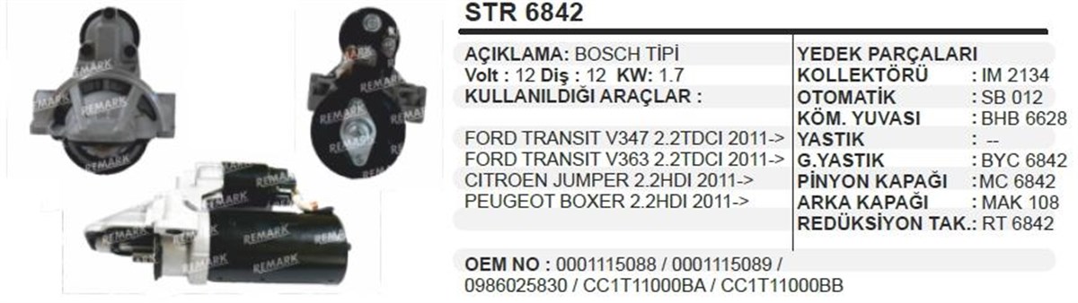 Marş Motoru 12v 12diş Ford Transit V347 Jumper Dişli Altta | Bypart Umm3425