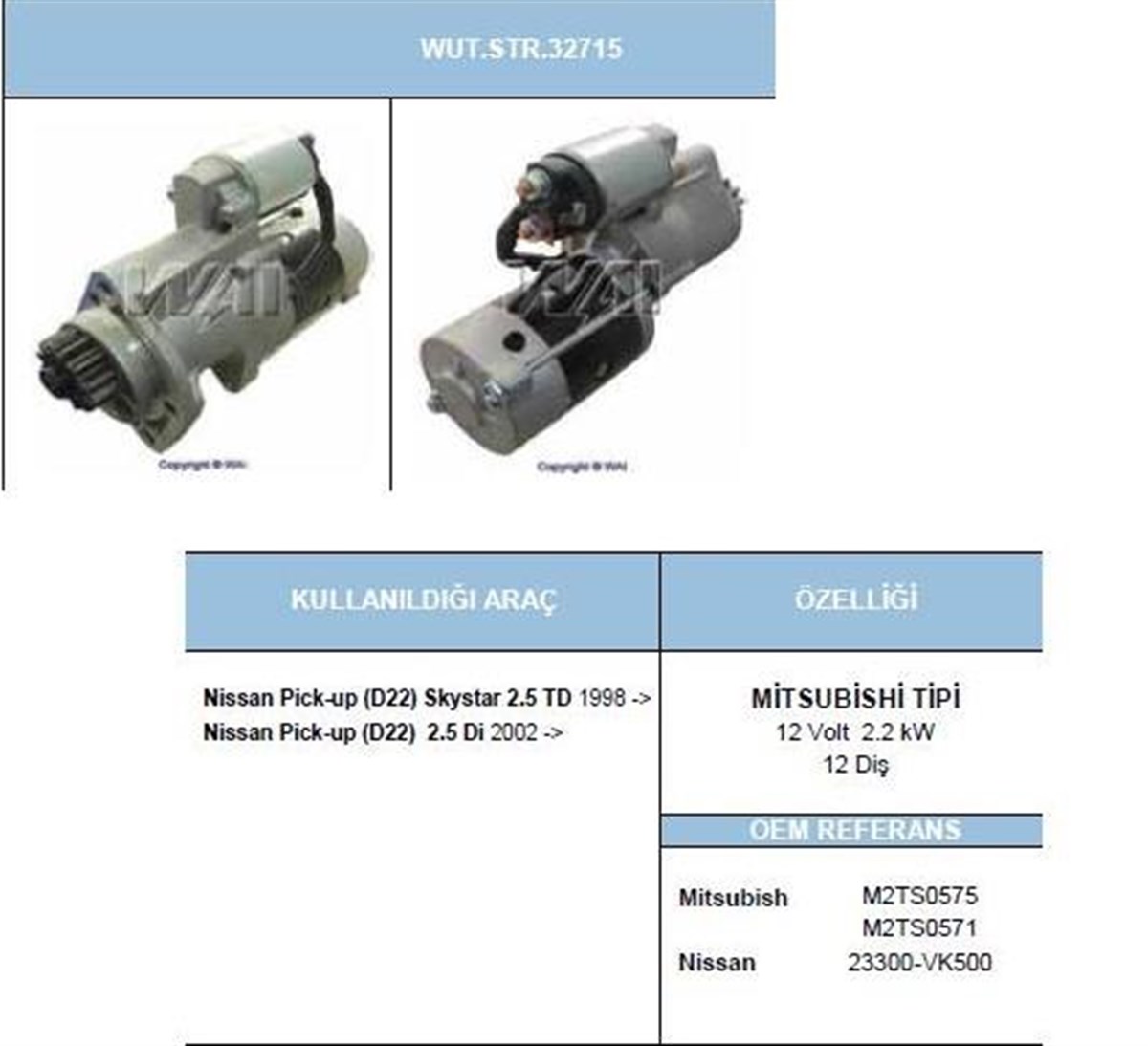 Marş Motoru 12v 12diş Nissan D22 Skystar Navara Kıngcab D22 02- Str6020 23300vk500 23300wk500 23300vm00a M2t50571 | Wutse Str32715