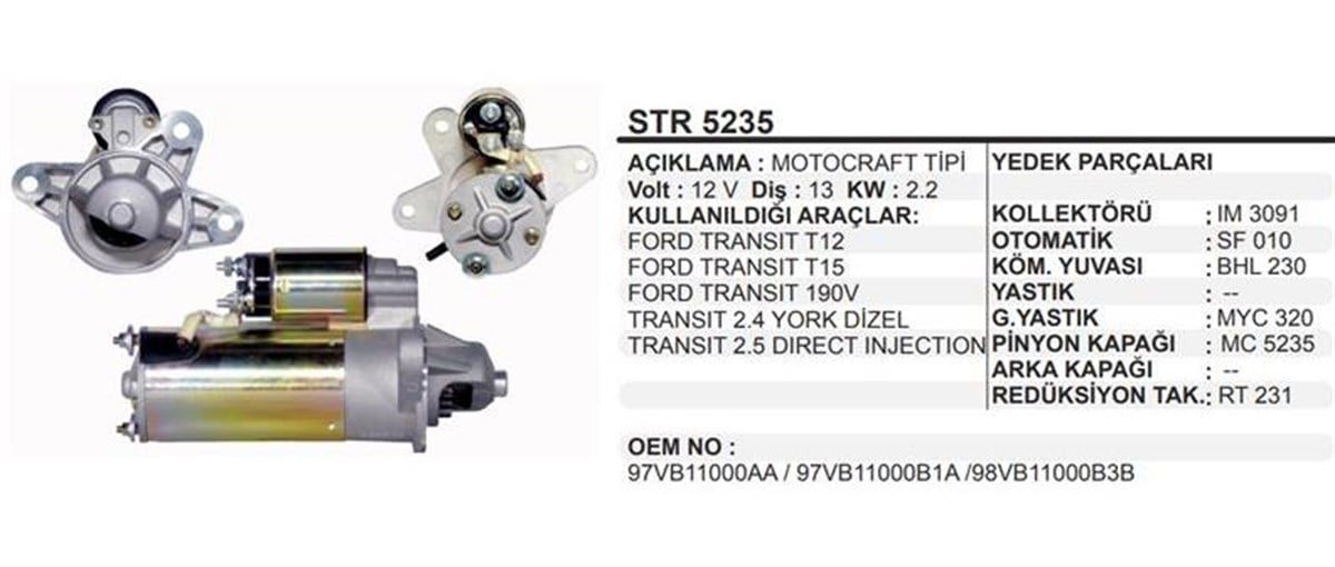 Marş Motoru 12v 13diş 1.2kw Ford Transit T15 2.5 | Ith Str5235